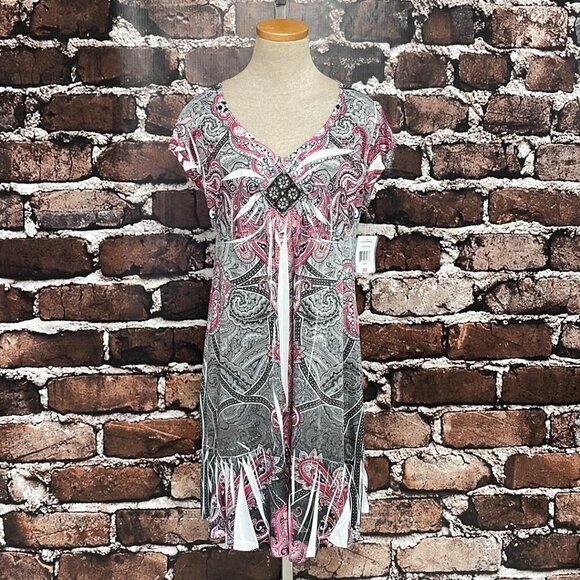 Unity Travel Para Dress NWT Paisley Beaded Short Sleeve Pink Black Size Large L - Picture 8 of 16